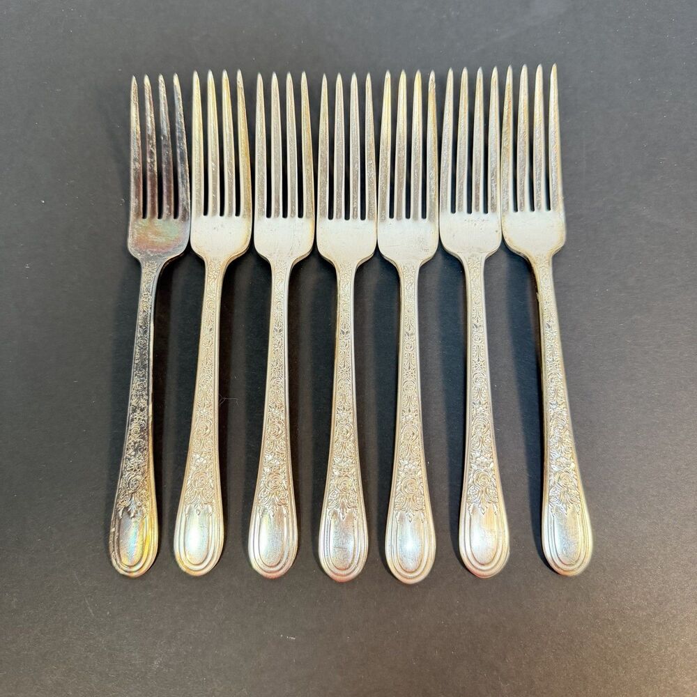 Wallace FORTUNE Set Of 7 Dinner Forks Silver Plate 7” Floral Roses *Lovely*